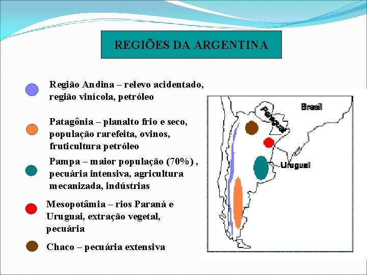 REGIÕES DA ARGENTINA Região Andina – relevo acidentado, região vinícola, petróleo Patagônia – planalto