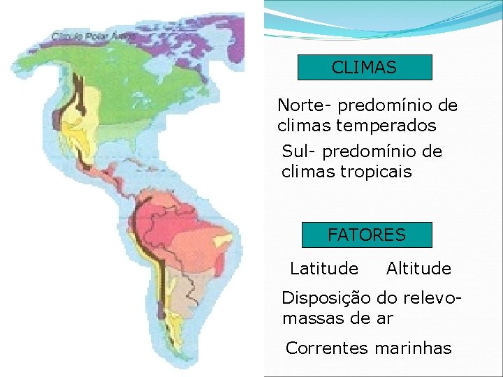 CLIMAS Norte- predomínio de climas temperados Sul- predomínio de climas tropicais FATORES Latitude Altitude