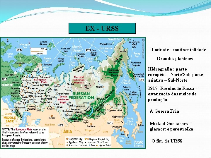 EX - URSS Latitude - continentalidade Grandes planícies Hidrografia : parte européia – Norte/Sul;