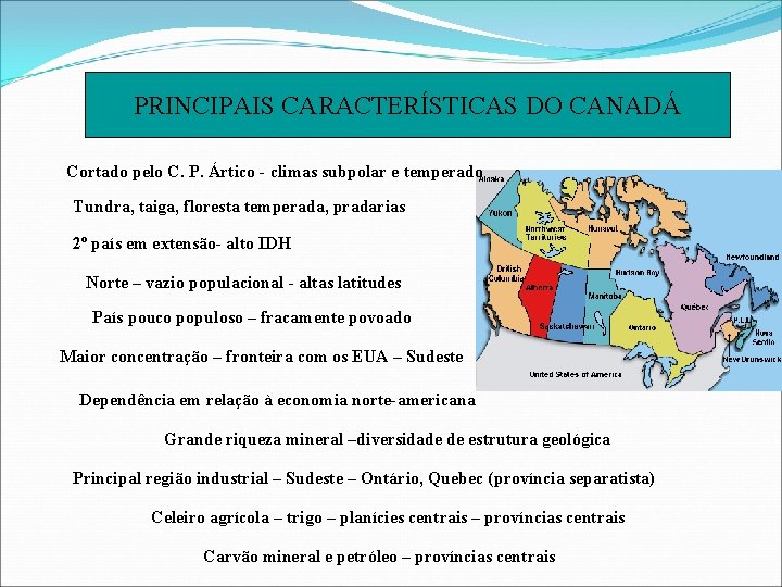 PRINCIPAIS CARACTERÍSTICAS DO CANADÁ Cortado pelo C. P. Ártico - climas subpolar e temperado