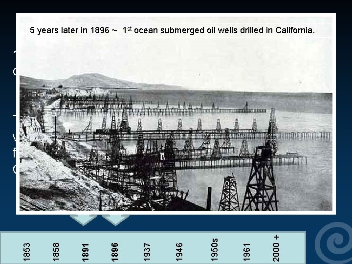 5 years later in 1896 ~ 1 st ocean submerged oil wells drilled in