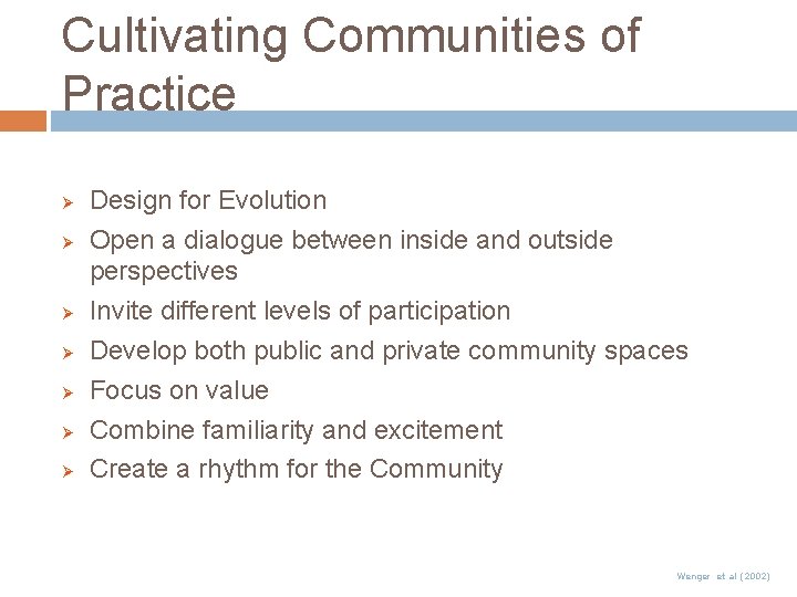 Cultivating Communities of Practice Ø Ø Ø Ø Design for Evolution Open a dialogue Cultivating Communities of Practice Ø Ø Ø Ø Design for Evolution Open a dialogue