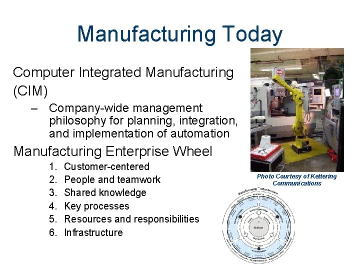 Manufacturing Today Computer Integrated Manufacturing (CIM) – Company-wide management philosophy for planning, integration, and