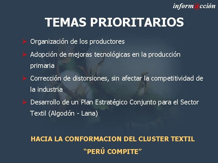 inform@cción TEMAS PRIORITARIOS Ø Organización de los productores Ø Adopción de mejoras tecnológicas en