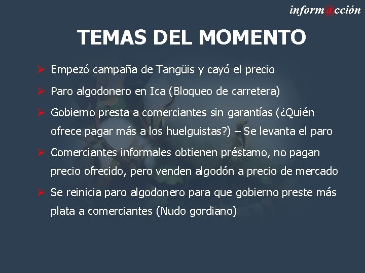 inform@cción TEMAS DEL MOMENTO Ø Empezó campaña de Tangüis y cayó el precio Ø