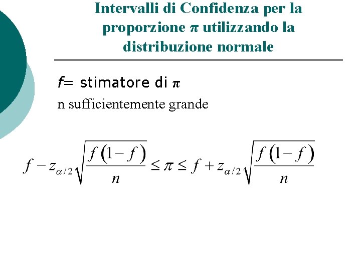 Intervalli di Confidenza per la proporzione π utilizzando la distribuzione normale f= stimatore di
