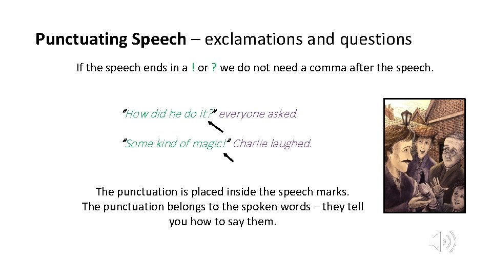 Punctuating Speech – exclamations and questions If the speech ends in a ! or
