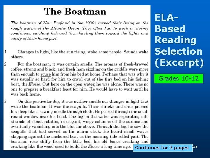 ELABased Reading Selection (Excerpt) Grades 10 -12 Continues for 3 pages 115 ELABased Reading Selection (Excerpt) Grades 10 -12 Continues for 3 pages 115