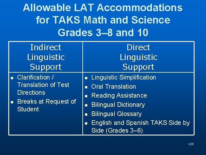 Allowable LAT Accommodations for TAKS Math and Science Grades 3– 8 and 10 Indirect Allowable LAT Accommodations for TAKS Math and Science Grades 3– 8 and 10 Indirect