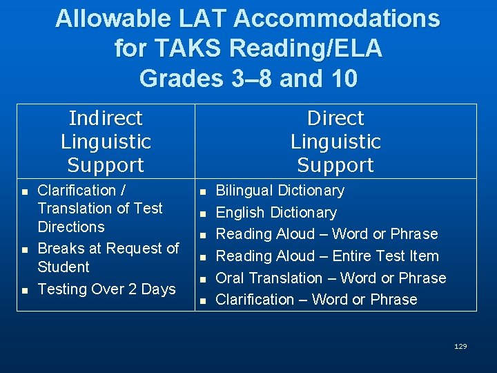 Allowable LAT Accommodations for TAKS Reading/ELA Grades 3– 8 and 10 Indirect Linguistic Support