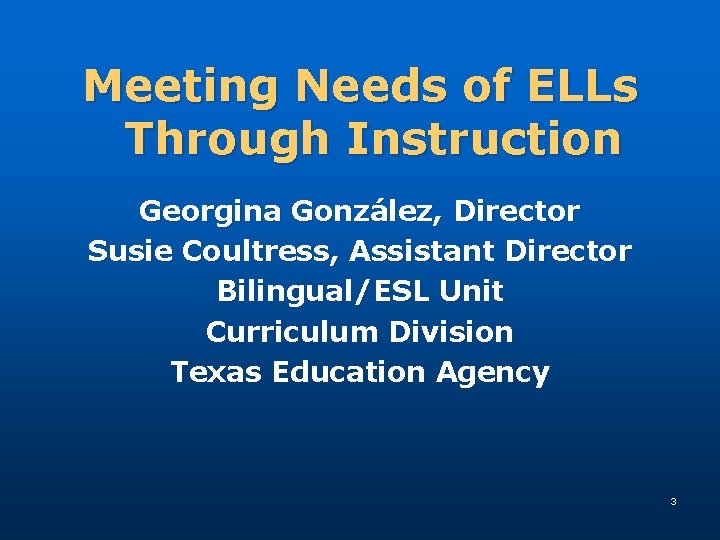 Meeting Needs of ELLs Through Instruction Georgina González, Director Susie Coultress, Assistant Director Bilingual/ESL