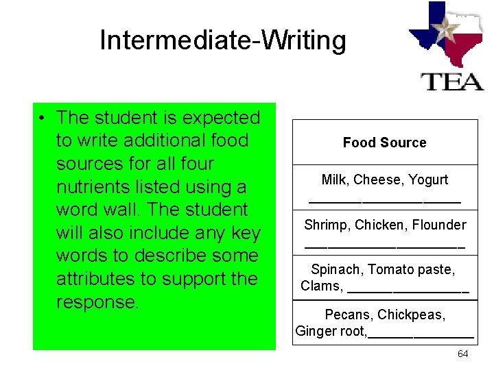 Intermediate-Writing • The student is expected to write additional food sources for all four