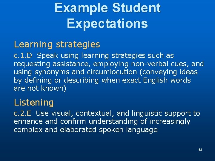 Example Student Expectations Learning strategies c. 1. D Speak using learning strategies such as Example Student Expectations Learning strategies c. 1. D Speak using learning strategies such as