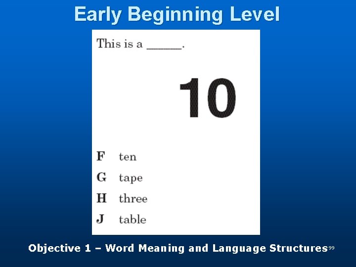 Early Beginning Level Objective 1 – Word Meaning and Language Structures 99 