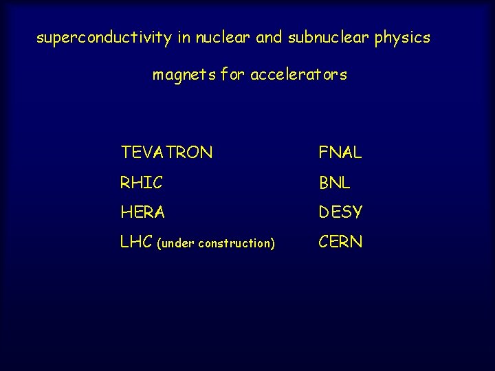 superconductivity in nuclear and subnuclear physics magnets for accelerators TEVATRON FNAL RHIC BNL HERA