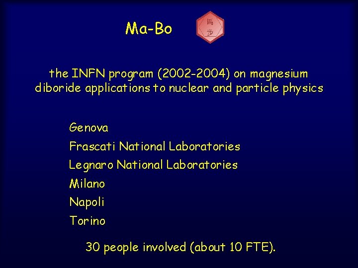 Ma-Bo the INFN program (2002 -2004) on magnesium diboride applications to nuclear and particle