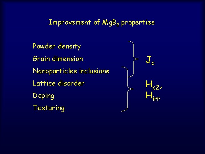 Improvement of Mg. B 2 properties Powder density Grain dimension Nanoparticles inclusions Lattice disorder