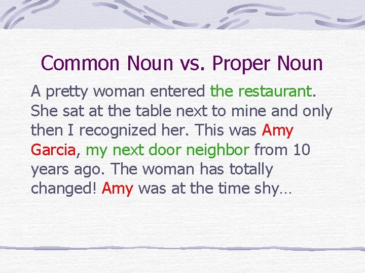 Common Noun vs. Proper Noun A pretty woman entered the restaurant. She sat at