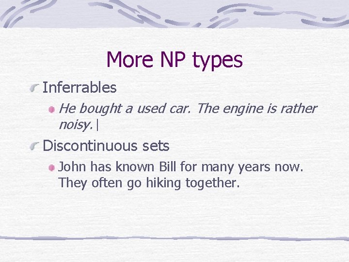 More NP types Inferrables He bought a used car. The engine is rather noisy.
