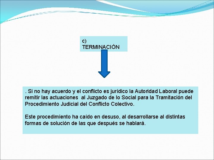 c) TERMINACIÓN . Si no hay acuerdo y el conflicto es jurídico la Autoridad