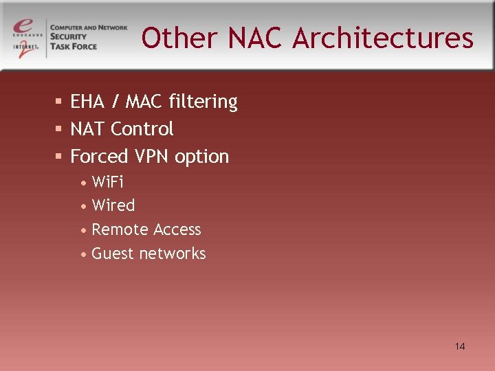 Other NAC Architectures § EHA / MAC filtering § NAT Control § Forced VPN Other NAC Architectures § EHA / MAC filtering § NAT Control § Forced VPN