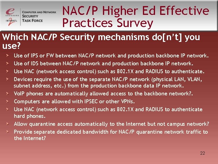 NAC/P Higher Ed Effective Practices Survey Which NAC/P Security mechanisms do[n’t] you use? Use