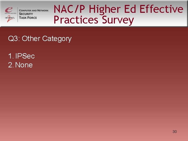 NAC/P Higher Ed Effective Practices Survey Q 3: Other Category 1. IPSec 2. None NAC/P Higher Ed Effective Practices Survey Q 3: Other Category 1. IPSec 2. None