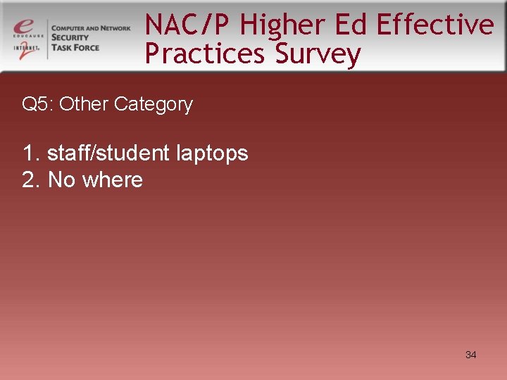 NAC/P Higher Ed Effective Practices Survey Q 5: Other Category 1. staff/student laptops 2. NAC/P Higher Ed Effective Practices Survey Q 5: Other Category 1. staff/student laptops 2.