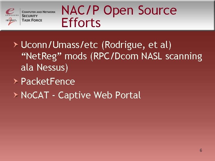 NAC/P Open Source Efforts Uconn/Umass/etc (Rodrigue, et al) “Net. Reg” mods (RPC/Dcom NASL scanning NAC/P Open Source Efforts Uconn/Umass/etc (Rodrigue, et al) “Net. Reg” mods (RPC/Dcom NASL scanning