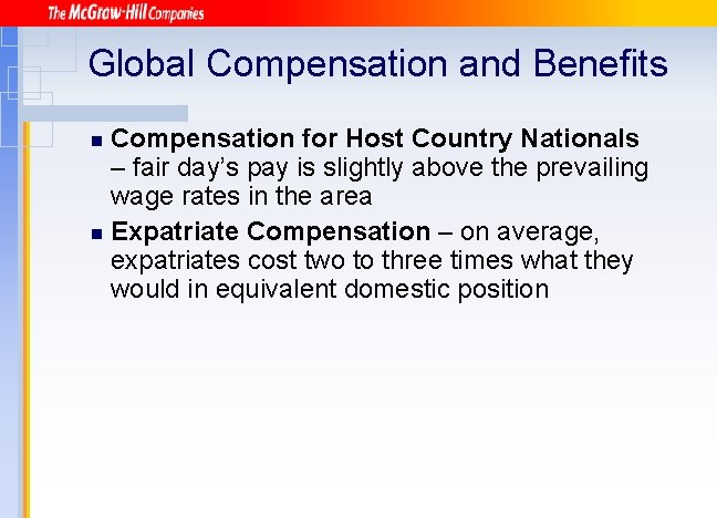 Compensation Geographical Differences Entering the global arena Motivations for Global Expansion