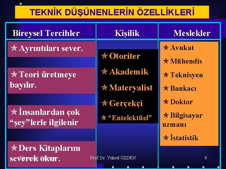 TEKNİK DÜŞÜNENLERİN ÖZELLİKLERİ Bireysel Tercihler Ayrıntıları sever. Teori üretmeye bayılır. İnsanlardan çok “şey”lerle ilgilenir