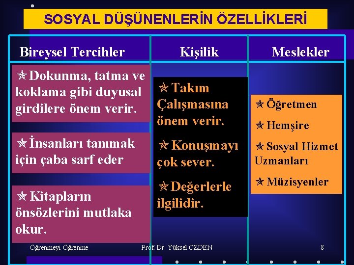 SOSYAL DÜŞÜNENLERİN ÖZELLİKLERİ Bireysel Tercihler Kişilik Dokunma, tatma ve koklama gibi duyusal Takım girdilere