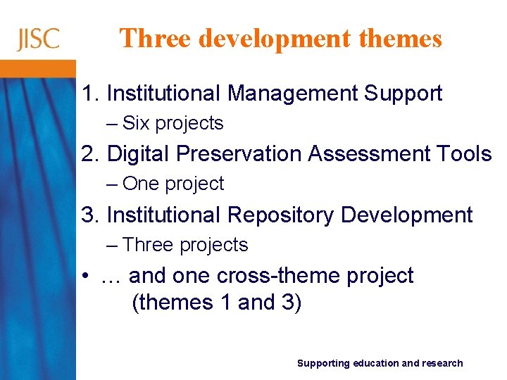 Three development themes 1. Institutional Management Support – Six projects 2. Digital Preservation Assessment Three development themes 1. Institutional Management Support – Six projects 2. Digital Preservation Assessment