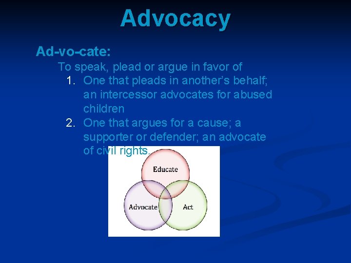 Advocacy Ad-vo-cate: To speak, plead or argue in favor of 1. One that pleads Advocacy Ad-vo-cate: To speak, plead or argue in favor of 1. One that pleads