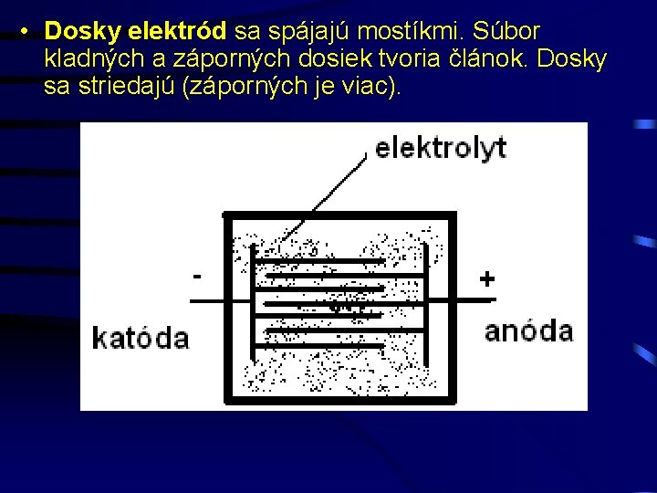  • Dosky elektród sa spájajú mostíkmi. Súbor kladných a záporných dosiek tvoria článok.