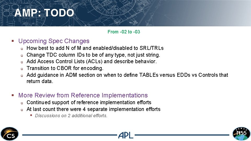 AMP: TODO From -02 to -03 § Upcoming Spec Changes q q q How