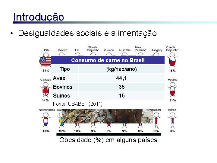 Introdução • Desigualdades sociais e alimentação Consumo de carne no Brasil Tipo Aves (kg/hab/ano)