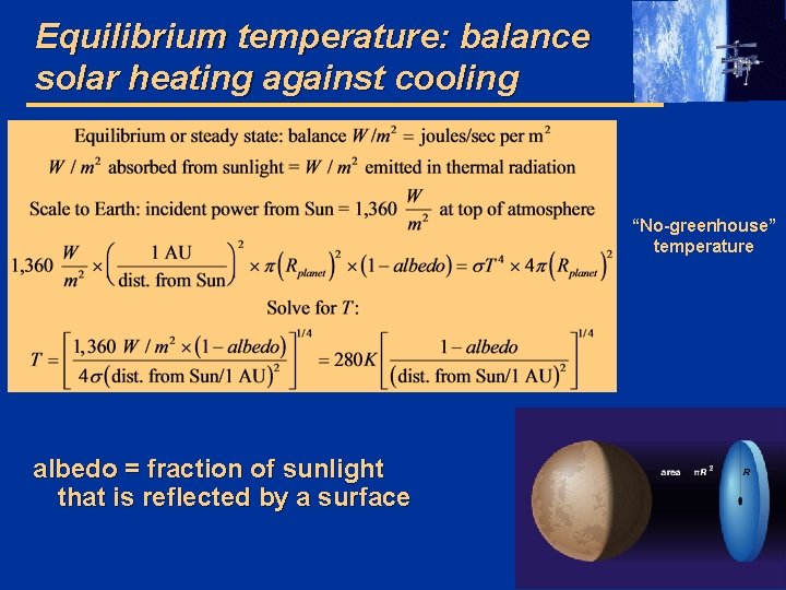 Equilibrium temperature: balance solar heating against cooling “No-greenhouse” temperature albedo = fraction of sunlight