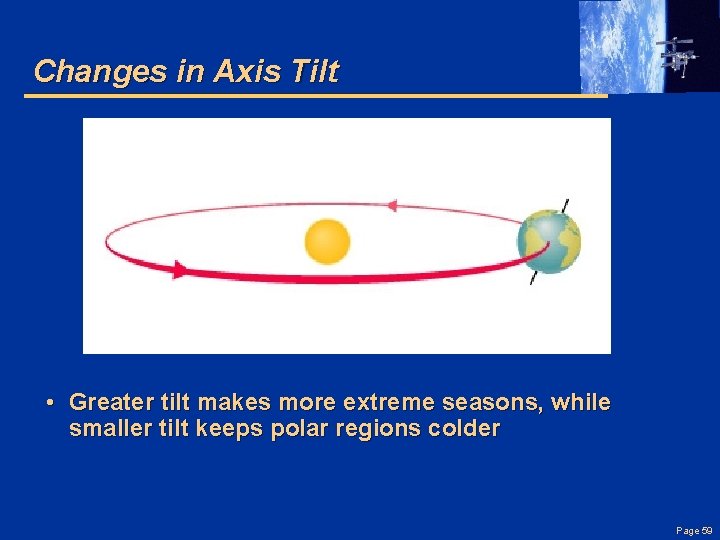 Changes in Axis Tilt • Greater tilt makes more extreme seasons, while smaller tilt
