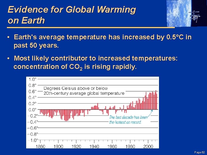 Evidence for Global Warming on Earth • Earth's average temperature has increased by 0.