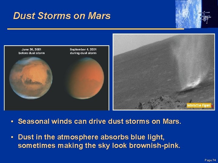 Dust Storms on Mars • Seasonal winds can drive dust storms on Mars. •