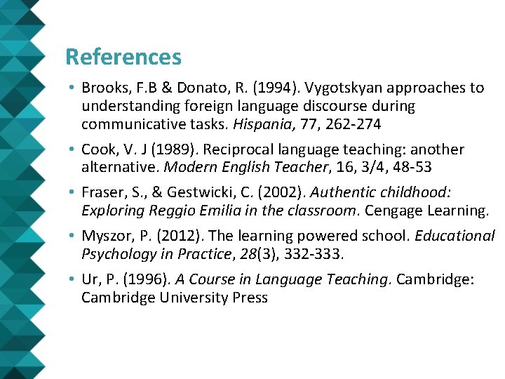 References • Brooks, F. B & Donato, R. (1994). Vygotskyan approaches to understanding foreign References • Brooks, F. B & Donato, R. (1994). Vygotskyan approaches to understanding foreign