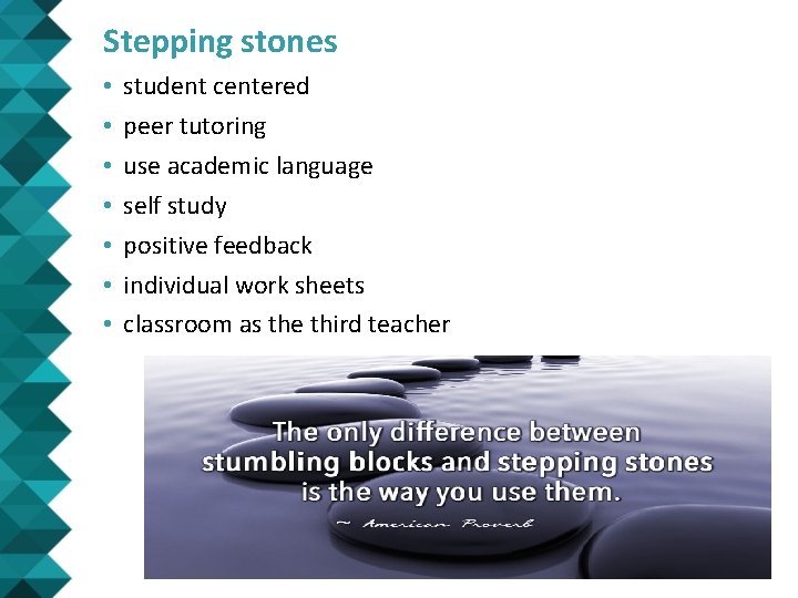 Stepping stones • • student centered peer tutoring use academic language self study positive Stepping stones • • student centered peer tutoring use academic language self study positive