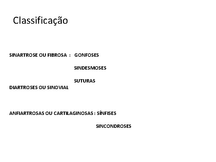 Classificação SINARTROSE OU FIBROSA : GONFOSES SINDESMOSES DIARTROSES OU SINOVIAL SUTURAS ANFIARTROSAS OU CARTILAGINOSAS