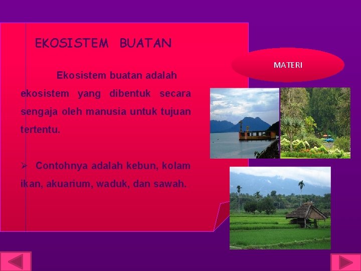 EKOSISTEM BUATAN Ekosistem buatan adalah ekosistem yang dibentuk secara sengaja oleh manusia untuk tujuan