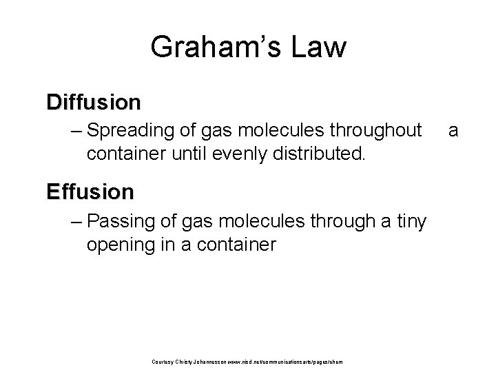 Graham’s Law Diffusion – Spreading of gas molecules throughout a container until evenly distributed.