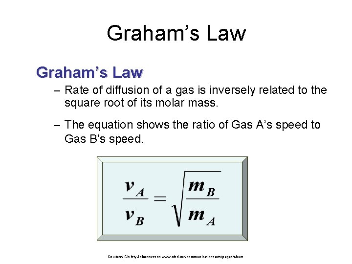 Graham’s Law – Rate of diffusion of a gas is inversely related to the