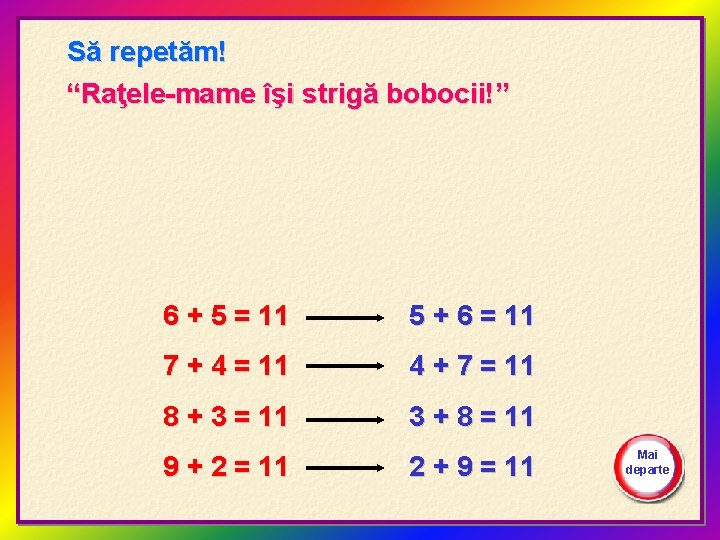 Să repetăm! “Raţele-mame îşi strigă bobocii!” 6 + 5 = 11 5 + 6 Să repetăm! “Raţele-mame îşi strigă bobocii!” 6 + 5 = 11 5 + 6