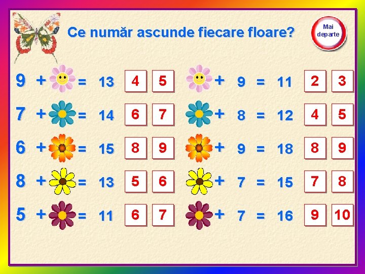 Ce număr ascunde fiecare floare? Mai departe 9 + 4 = 13 4 5
