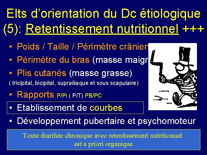 Elts d’orientation du Dc étiologique (5): Retentissement nutritionnel +++ • Poids / Taille /